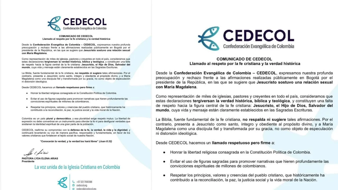 Comunicado que reúne el pronunciamiento de Cedecol por declaraciones de Petro sobre Jesús.